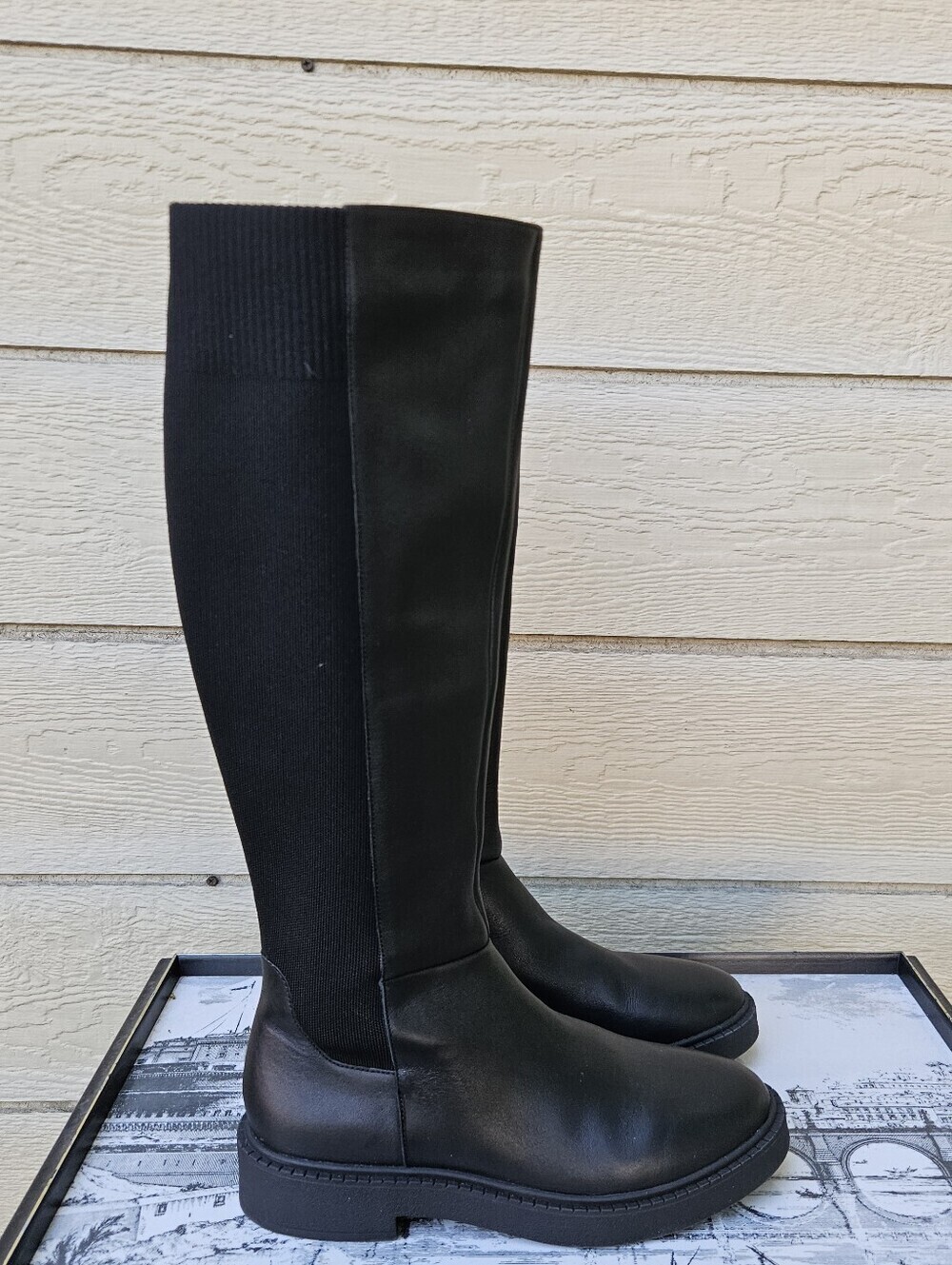 Andre Assous black leather and textile knee high Viva boots size 7.5